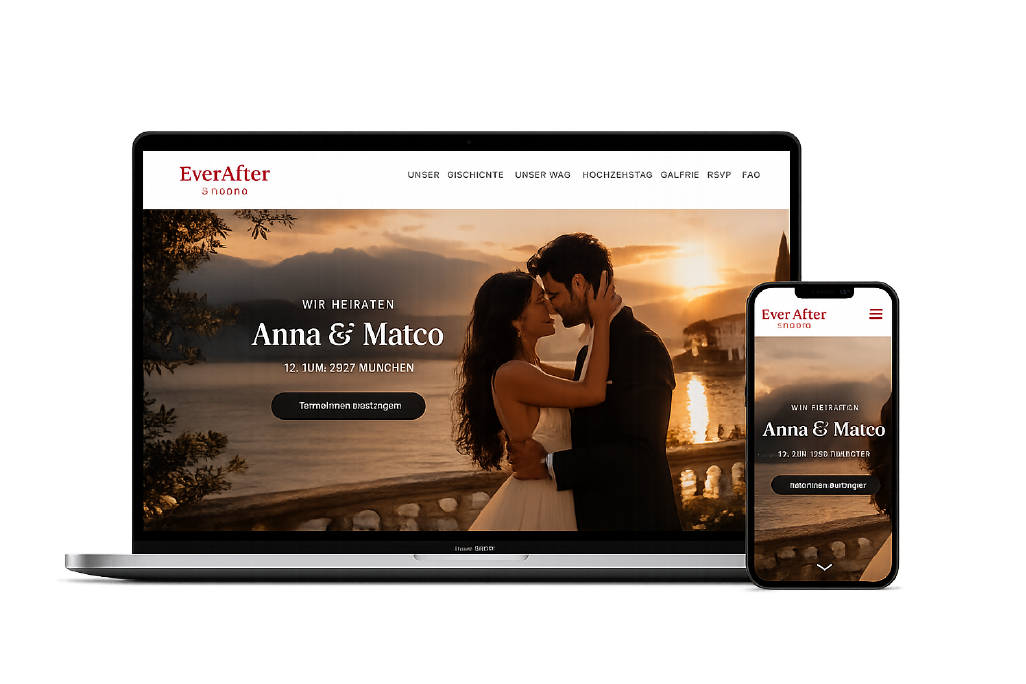 Responsive Hochzeitswebsite auf Laptop und Smartphone – Portfolio von EverAfter Studio für individuelle Hochzeitswebsites in München und Deutschland.