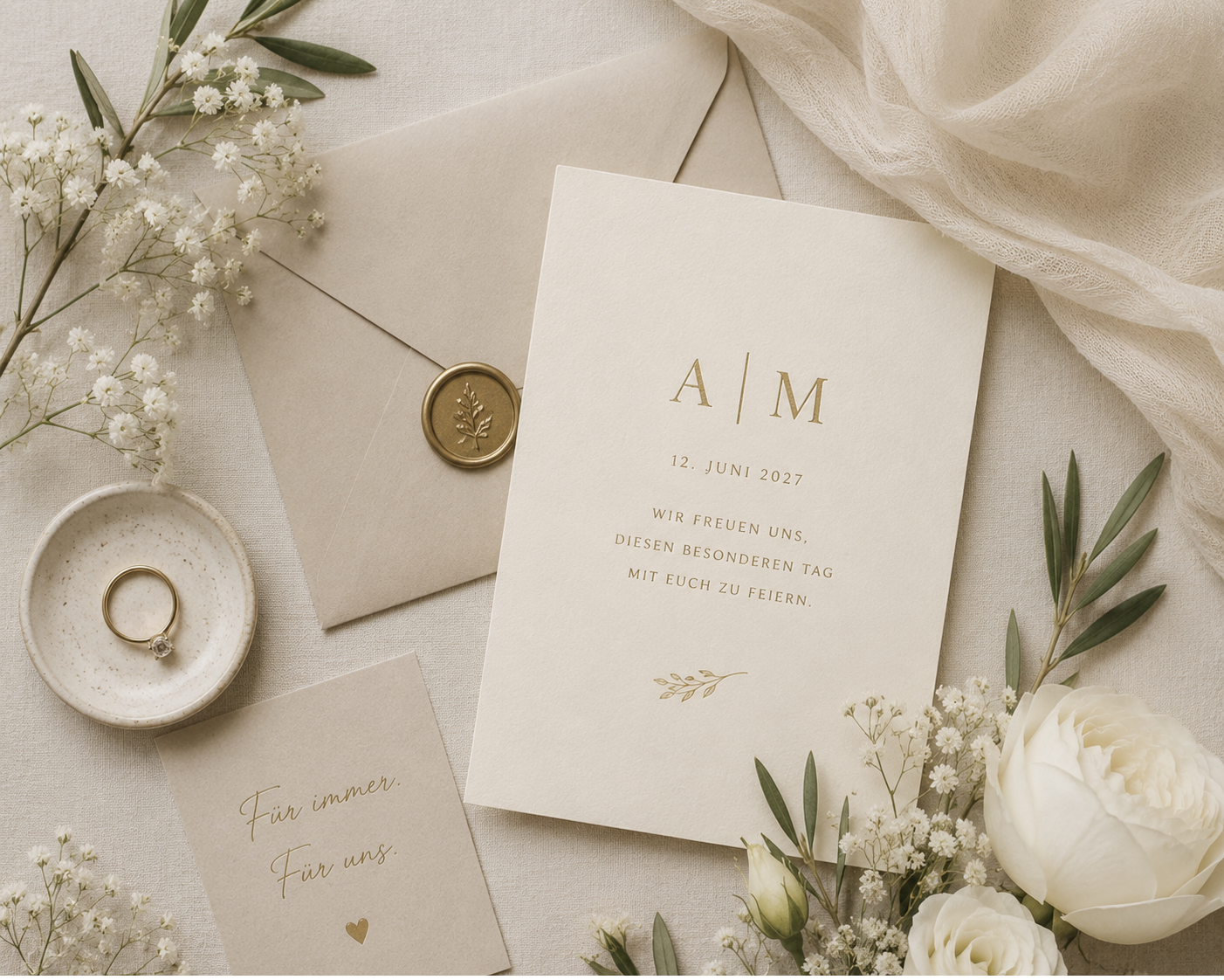 Elegante Hochzeitseinladung mit hochwertiger Papeterie, Verlobungsring und floralen Details für eine stilvolle Hochzeit in München.