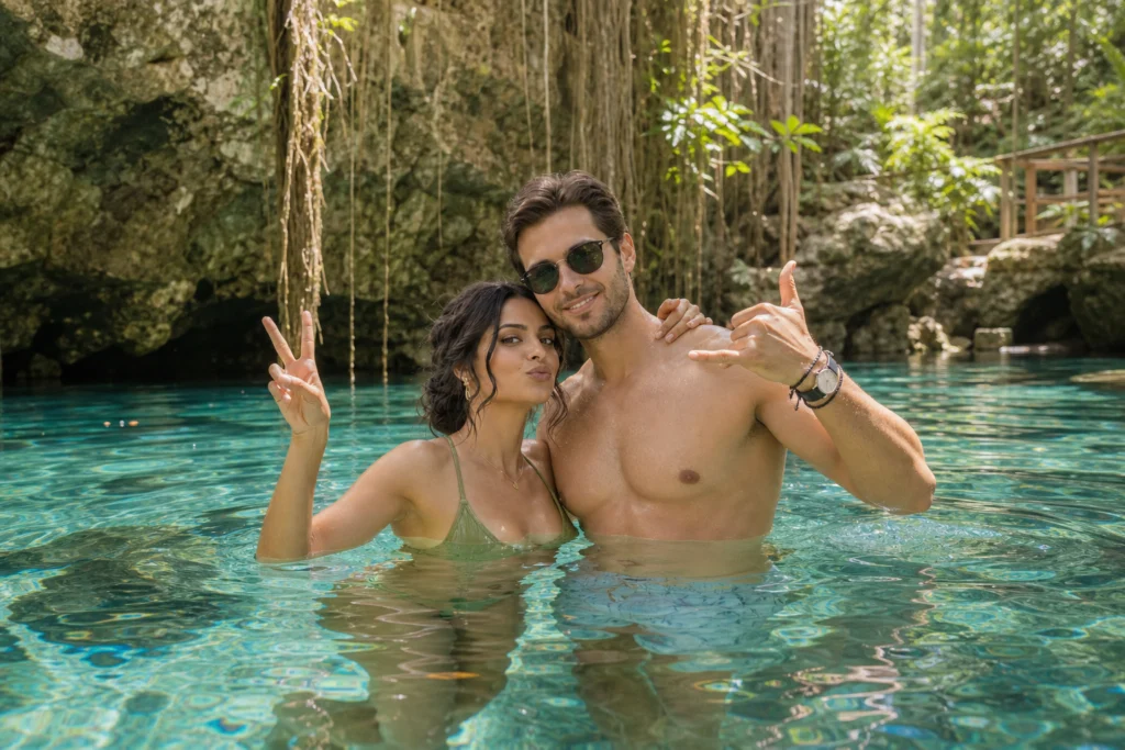 Paar genießt einen Badeausflug in einem Cenote auf der Halbinsel Yucatán in Mexiko