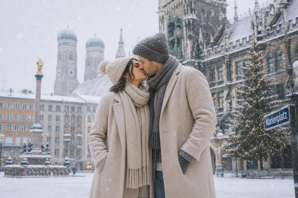 Verliebtes Paar im Winter auf dem Marienplatz in München vor dem Neuen Rathaus