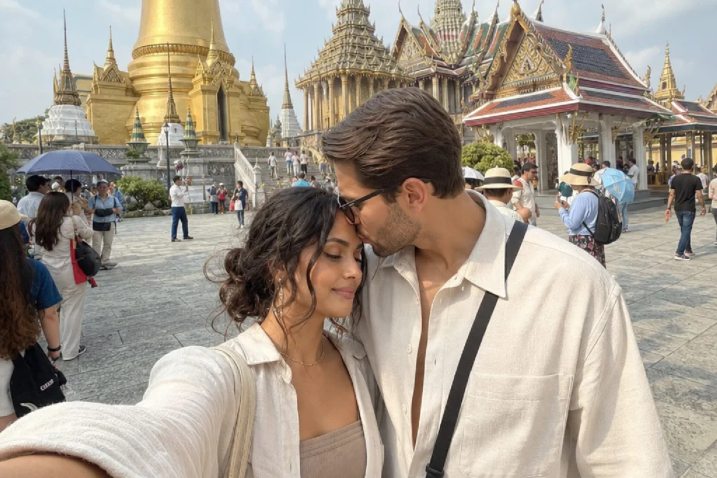 Paar vor dem Wat Phra Kaew und dem Großen Palast in Bangkok, Thailand, während einer gemeinsamen Reise