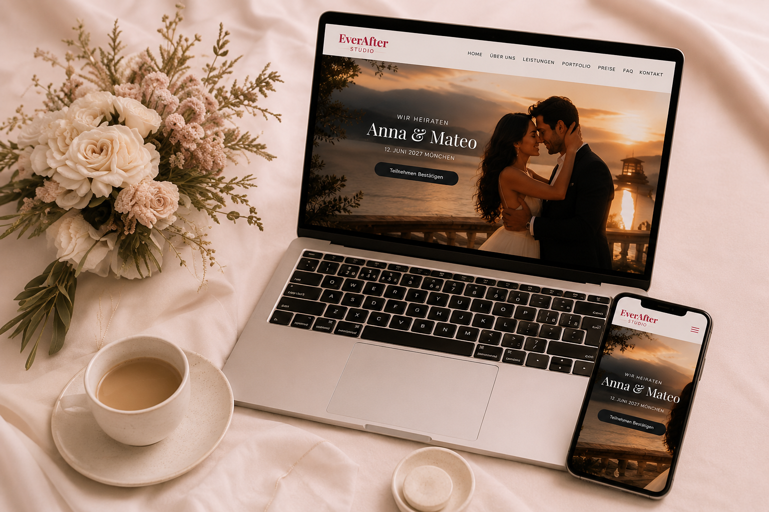 Hochzeitswebsite Beispiel auf Laptop und Smartphone mit individuellem Design von EverAfter Studio